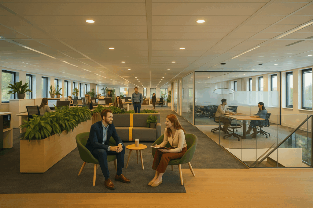 Modern office interior on Bloemlaan with employees working, meeting, and conversing in an open and glass-partitioned workspace.