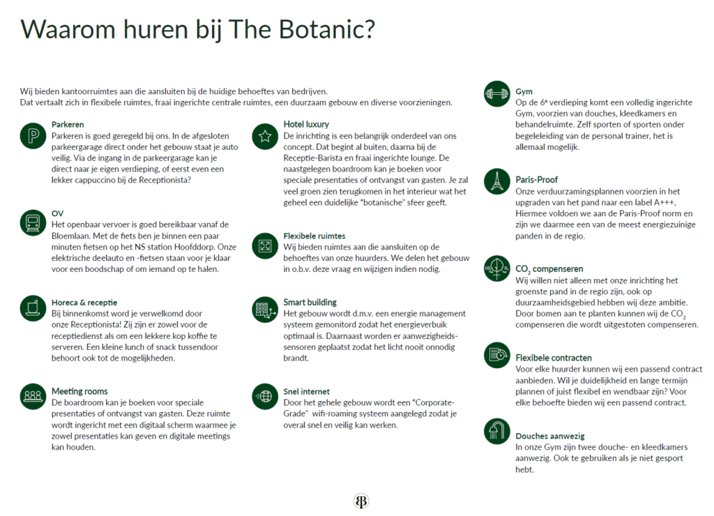 Informative overview in Dutch describing the facilities and sustainable features of office spaces at The Botanic.