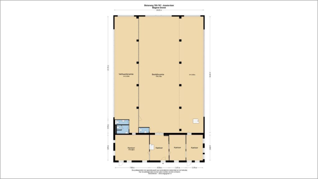 Floor plan of the ground level at Sloterweg 785–787 in Amsterdam, showing office spaces, rental area, business area, and facilities.