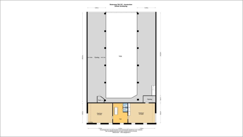 Floor plan of the first floor at Sloterweg 785-787 in Amsterdam showing offices, storage areas, and a central void.