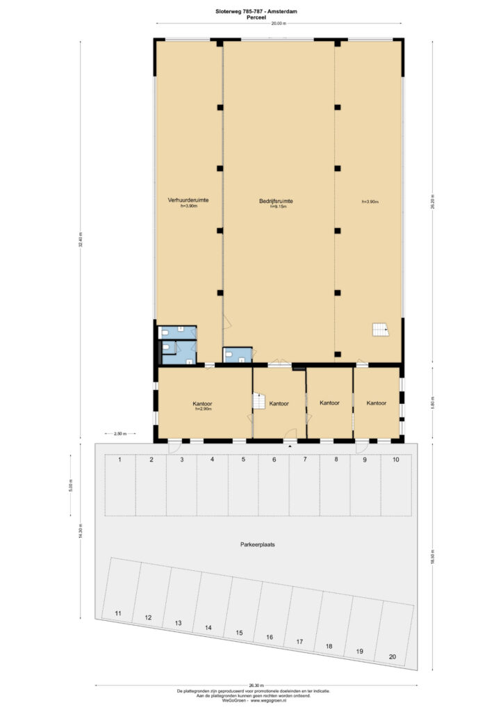 Floor plan of a commercial building at Sloterweg 785-787 in Amsterdam, featuring office spaces, rental and business areas, and a parking lot with 20 spaces.