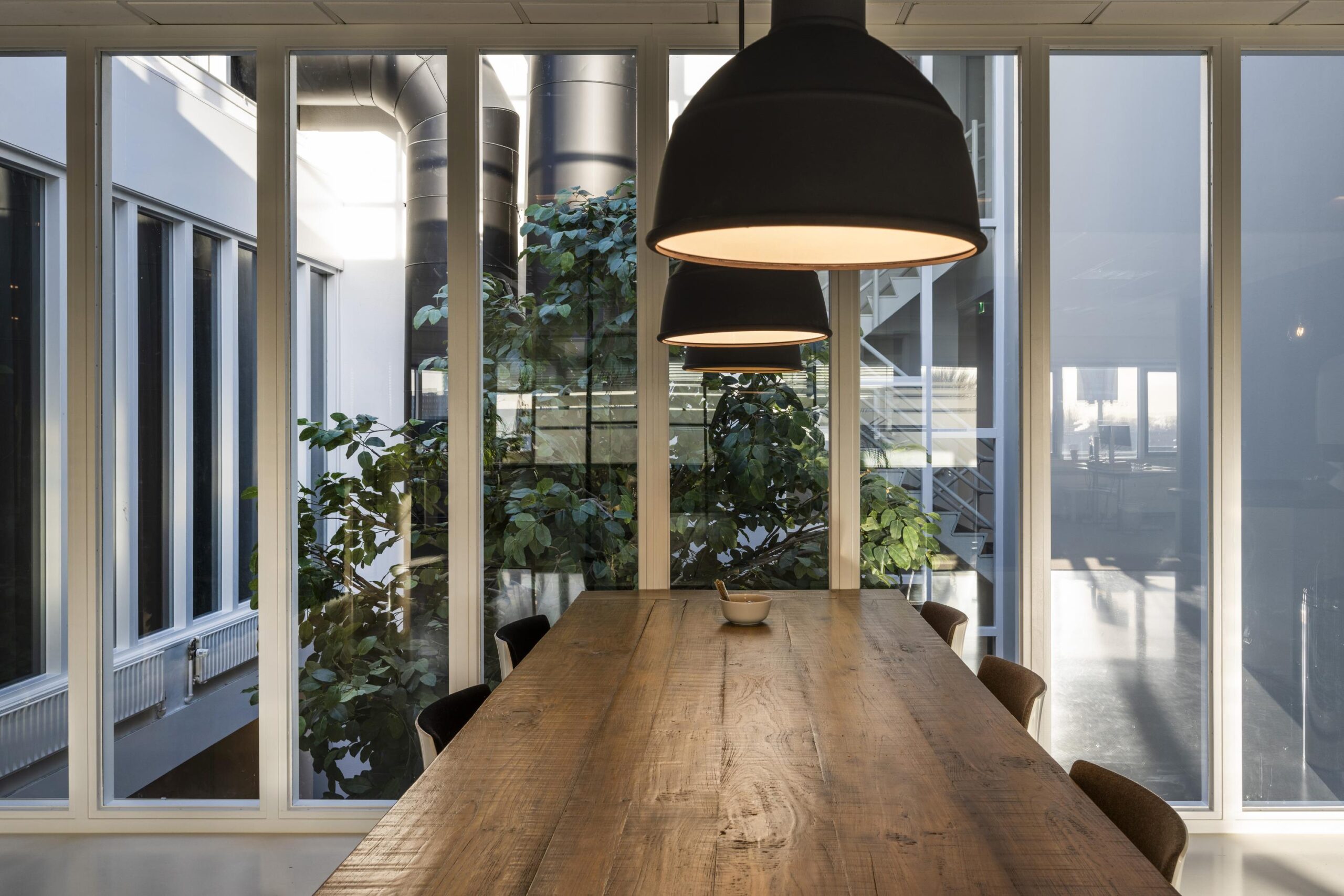 Wooden meeting table with dark chairs and pendant lamps in a modern office space with large windows and indoor greenery.