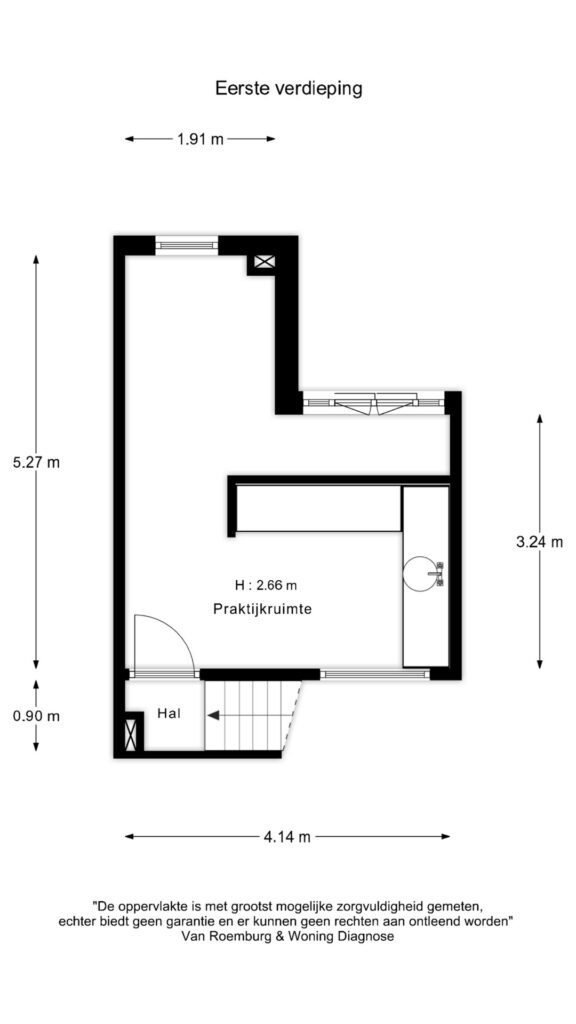 Floor plan of the first floor of Overtoom 245 with a hallway and a practice room measuring 2.66 meters in height.