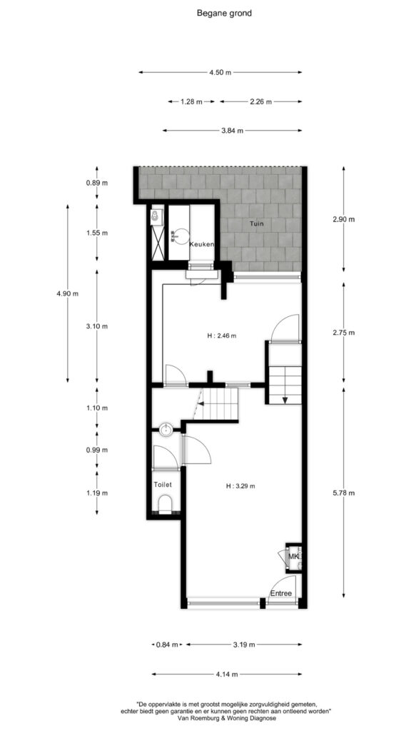 Floor plan of the ground level of a residence located at Overtoom, featuring a kitchen, toilet, entrance, and garden.