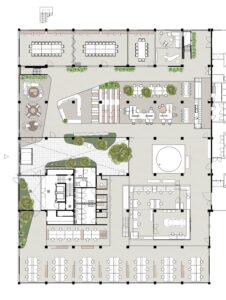 Plattegrond van een modern kantoorpand aan de Kabelweg met vergaderruimtes, werkplekken en gezamenlijke ontmoetingsruimten.