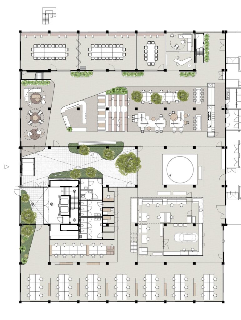 Plattegrond van een modern kantoorpand aan de Kabelweg met vergaderruimtes, werkplekken en gezamenlijke ontmoetingsruimten.