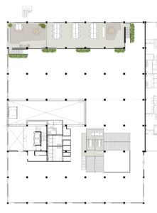 Plattegrond van een kantooretage aan de Kabelweg met werkplekken, vergaderruimtes en sanitaire voorzieningen.