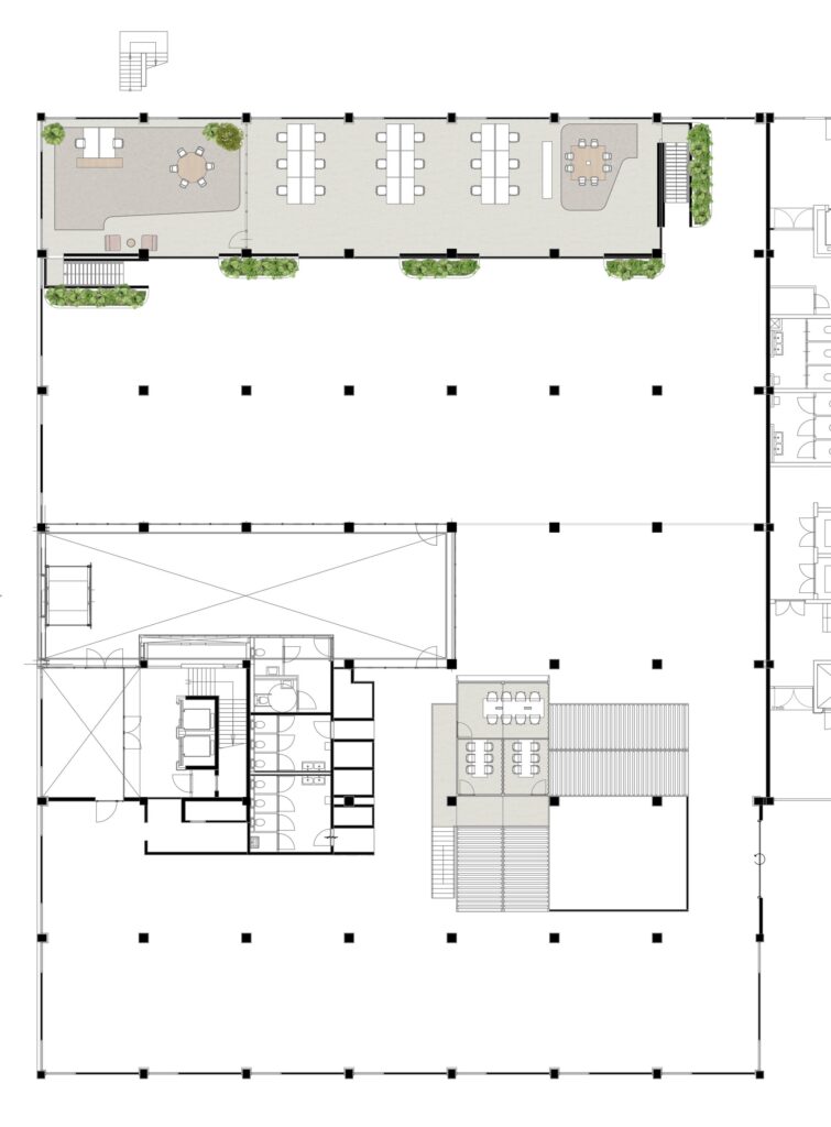 Plattegrond van een kantooretage aan de Kabelweg met werkplekken, vergaderruimtes en sanitaire voorzieningen.