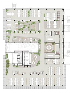 Plattegrond van een modern kantoor aan de Kabelweg met open werkplekken, vergaderruimtes en binnentuinen.