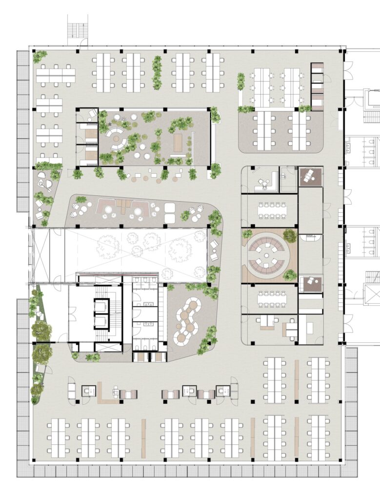 Plattegrond van een modern kantoor aan de Kabelweg met open werkplekken, vergaderruimtes en binnentuinen.