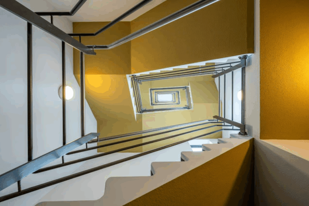 View looking up a modern spiral staircase with yellow and white walls and metal railings on Boeing Avenue.