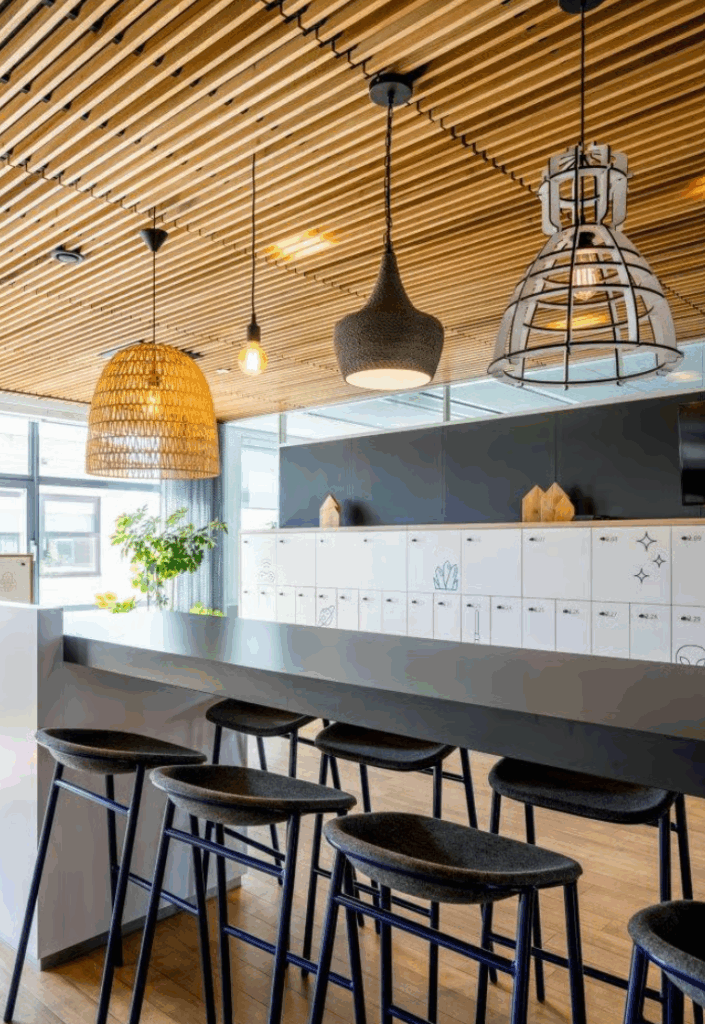 Modern office kitchen area with high stools, pendant lighting, and lockers in Boeing Avenue workspace.