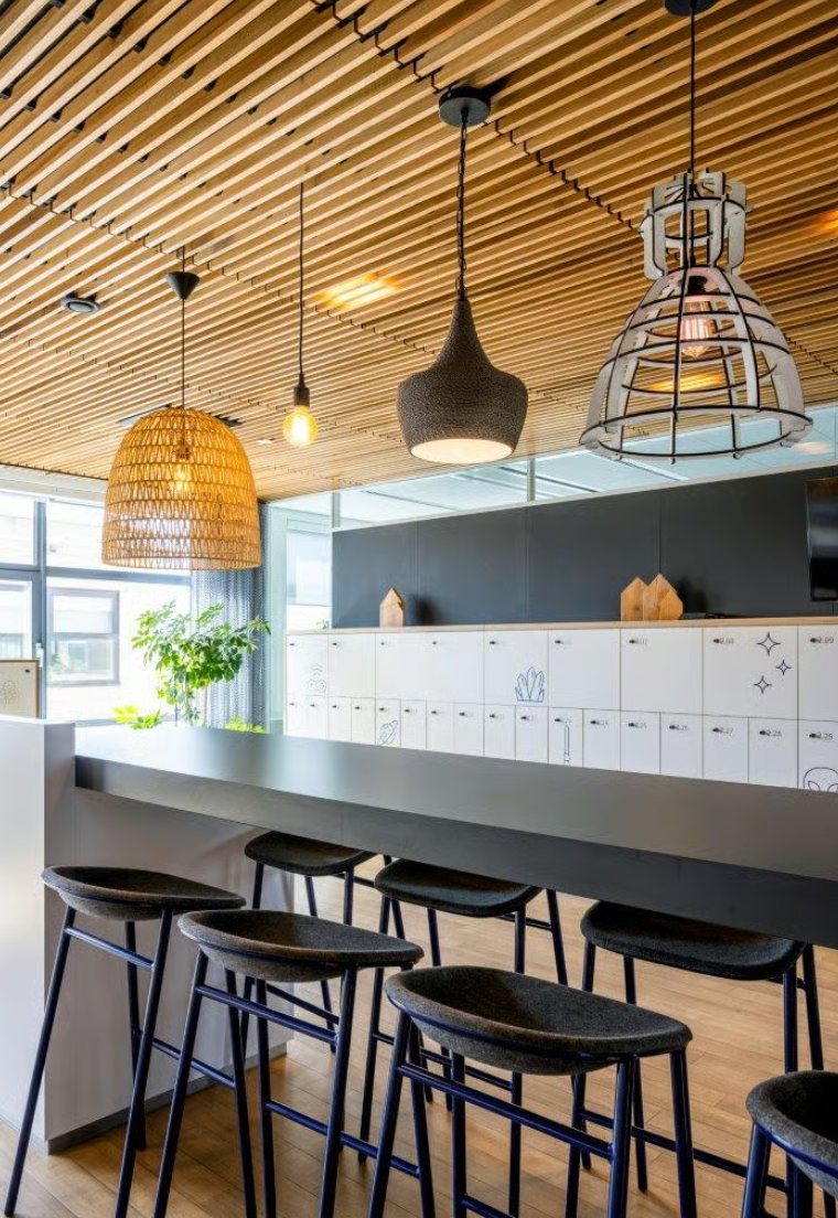 Modern office kitchen area with high stools, pendant lighting, and lockers in Boeing Avenue workspace.
