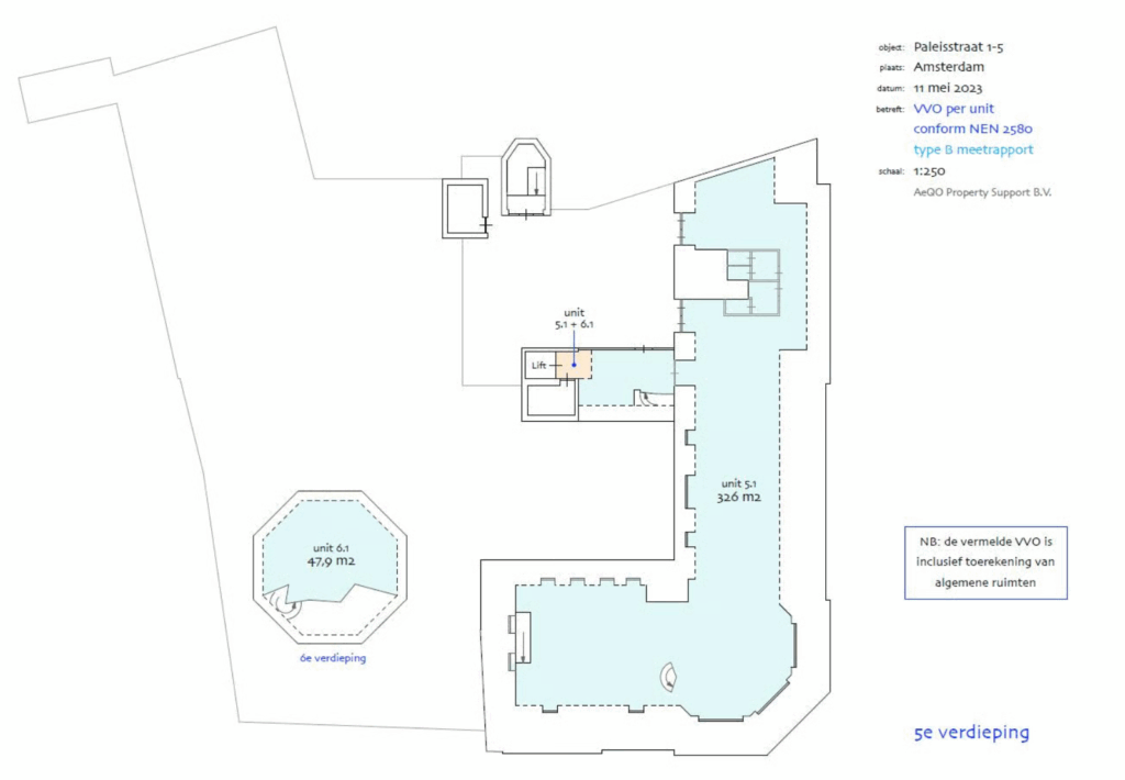 Plattegrond van units 5.1 en 6.1 aan de Paleisstraat 1-5 in Amsterdam, met een oppervlakte van 326 m² op de 5e verdieping en 47,9 m² op de 6e verdieping, inclusief gemeenschappelijke ruimtes.