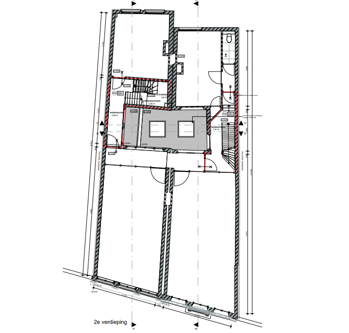 Plattegrond van de tweede verdieping van Damrak 249 met kamers, trappenhuis en dakterras.