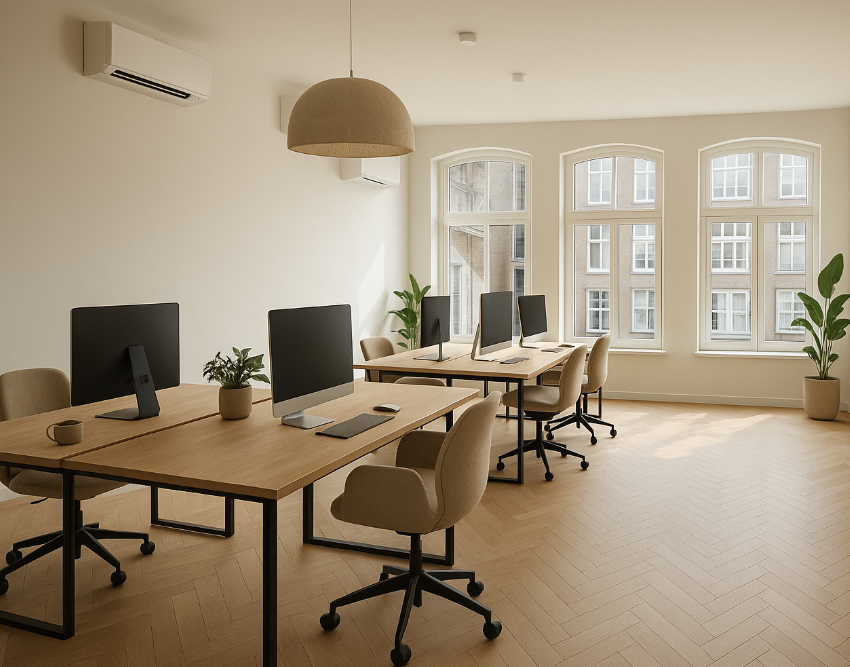 Licht en modern kantoor aan de Damrak met houten vloeren, grote ramen en werkplekken met computers.