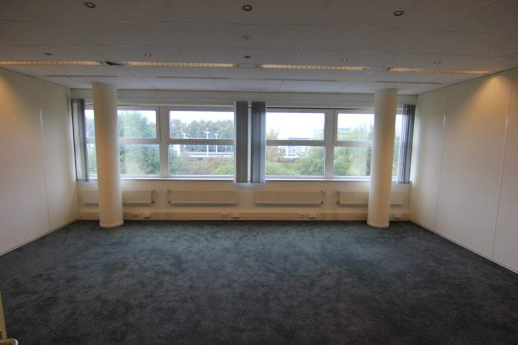 Empty office space with large windows, white walls, and dark carpet flooring.