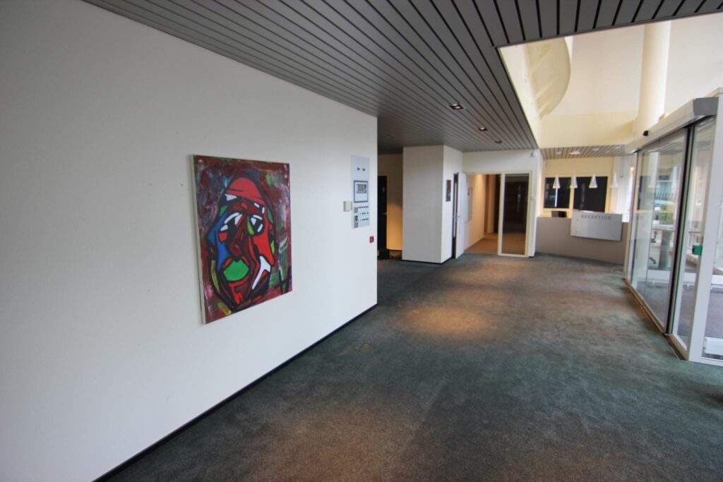 Modern hallway with carpet flooring, abstract face artwork on the wall, and a reception desk at the end.