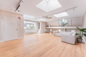 Bright attic living space with light wooden flooring, skylights, a white sofa, and indoor plants.