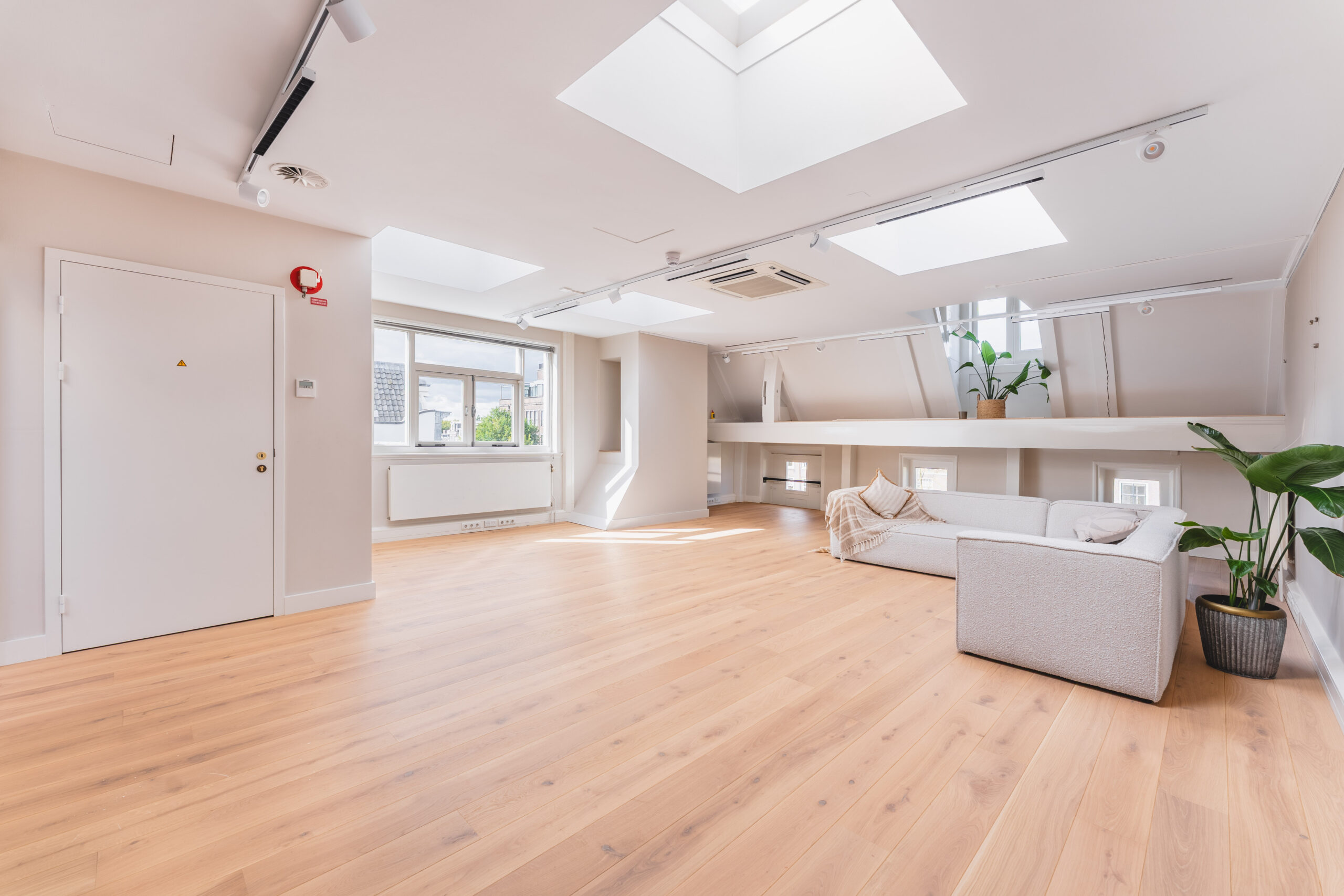 Bright attic living space with light wooden flooring, skylights, a white sofa, and indoor plants.