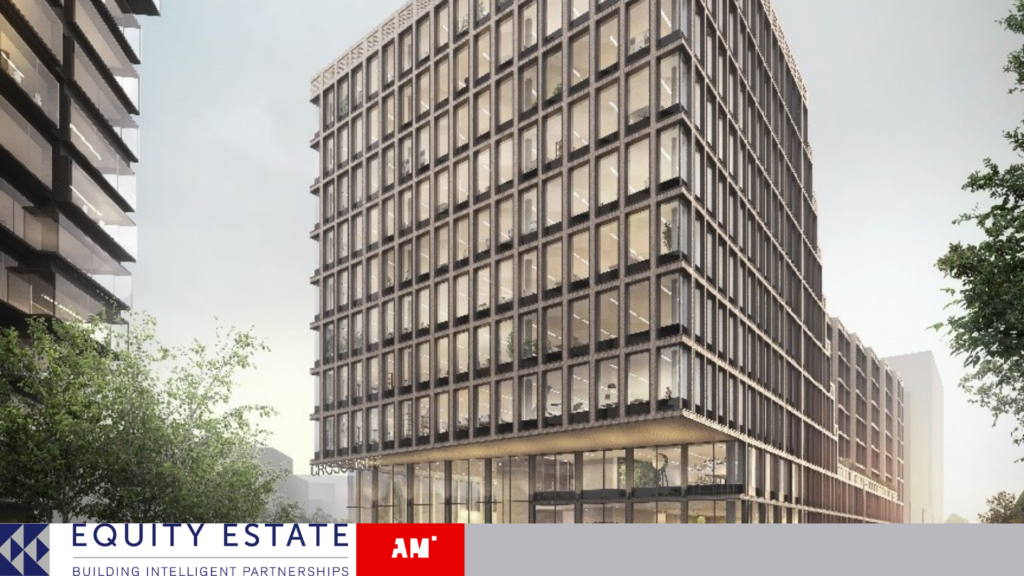 Moderne kantoor- en woonontwikkeling "Crossover" met glazen gevel in stedelijke omgeving.