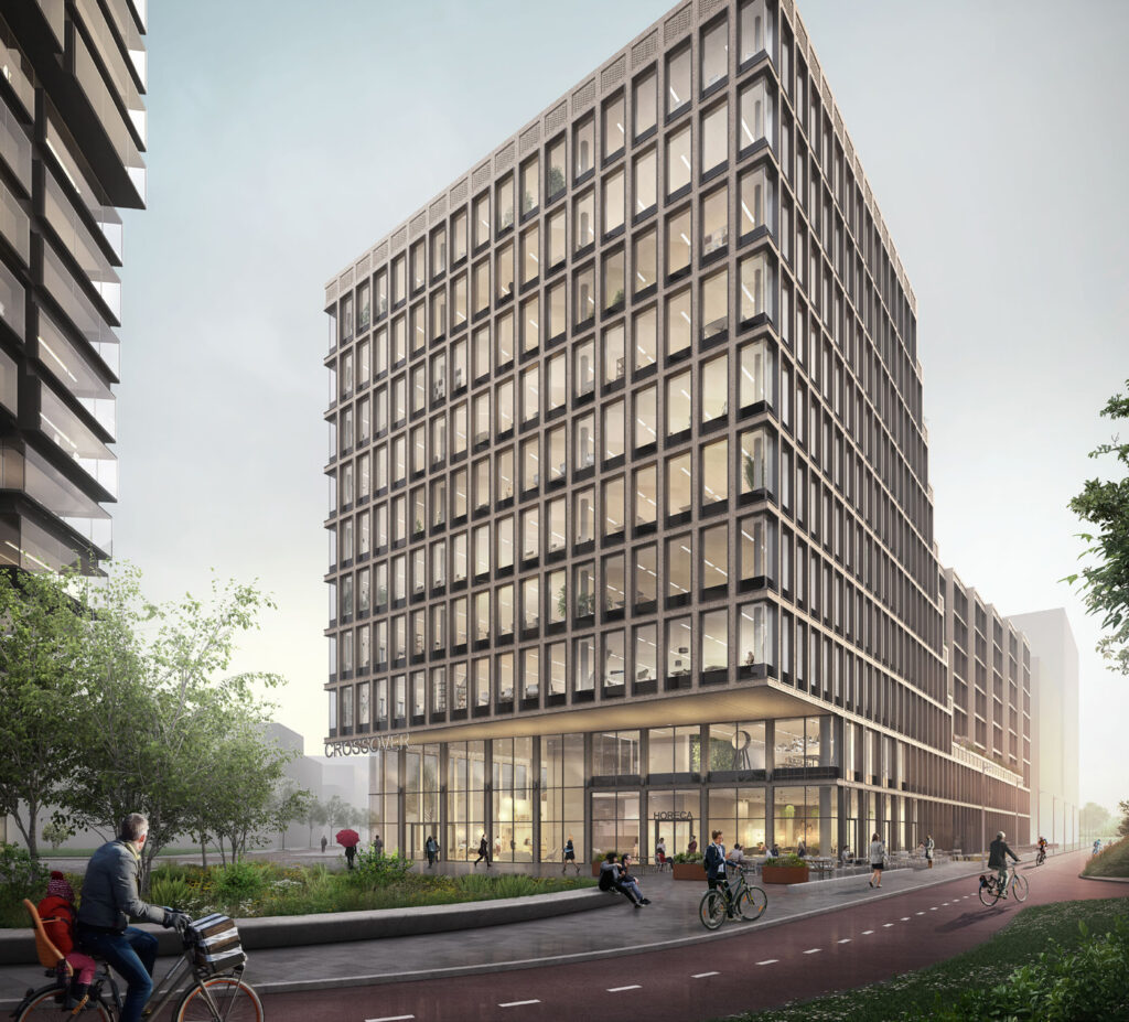 Modern kantoorgebouw genaamd Crossover met glazen gevels aan een levendige straat met fietsers en voetgangers.