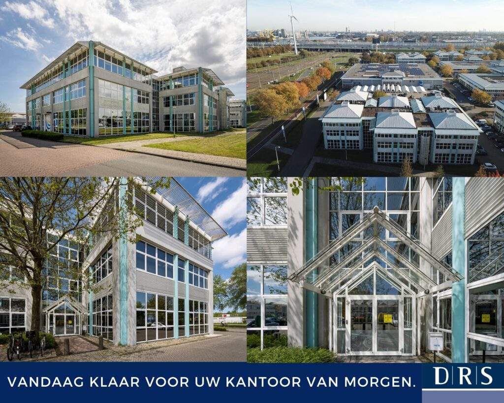 Collage van het moderne kantoorpand aan de Gyroscoopweg 144–146 in Amsterdam, met meerdere buitenaanzichten en de entree.
