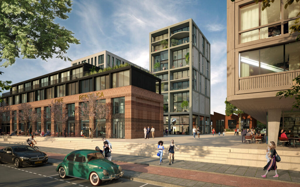 Moderne stadsomgeving met het Republica Hotel, een café en meerdere mensen op een levendig plein.